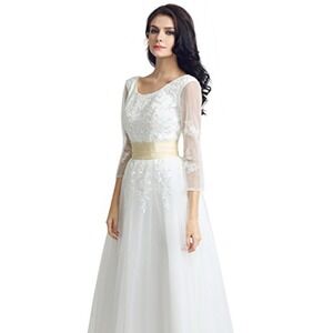 Sarah Bridal Stunning Mid length Ivory Bridal dress with  gold waistband